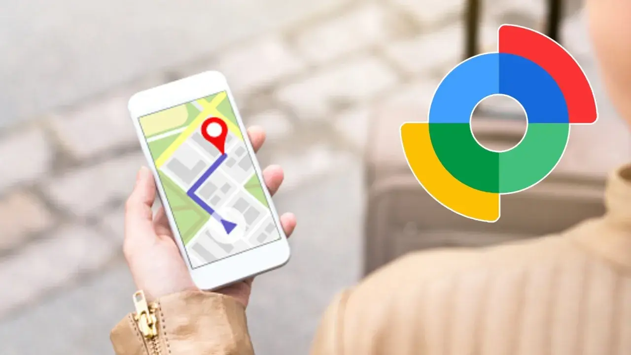 Szukam drogi, gdzie jest mój telefon? Na ekranie smartfona mapa z zaznaczoną trasą i ikoną lokalizacji. Obok kolorowe logo.