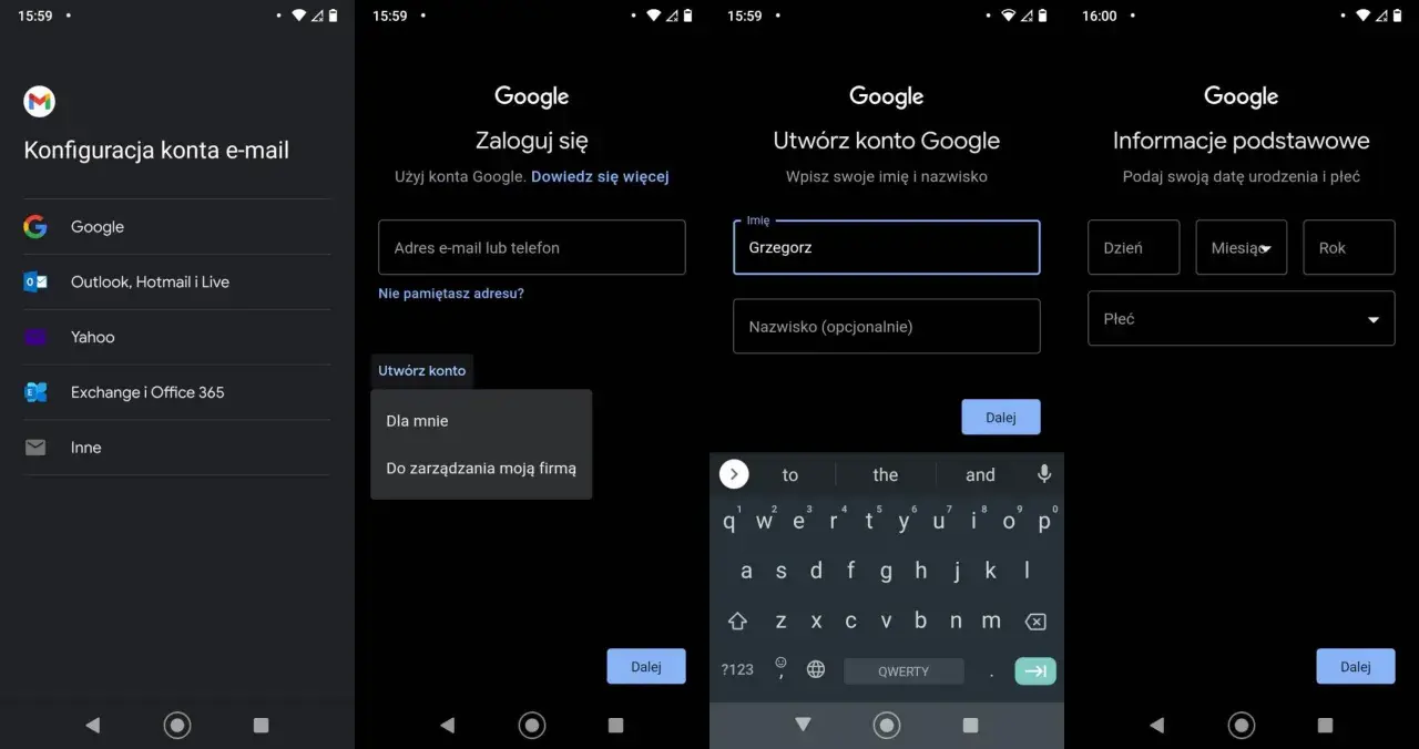 Ekran konfiguracji konta e-mail, pokazujący kroki, jak założyć maila w Google. Wpisujesz dane osobowe i datę urodzenia.