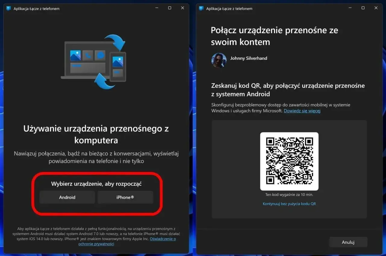 Aplikacja "Łącze z telefonem" pozwala na połączenie telefonu z komputerem. Wybierz Android lub iPhone, aby rozpocząć.