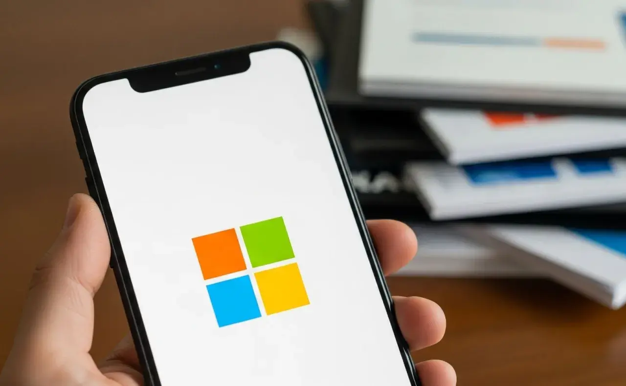Dłoń trzyma smartfon z logo Microsoft. W tle stos dokumentów z wykresami.