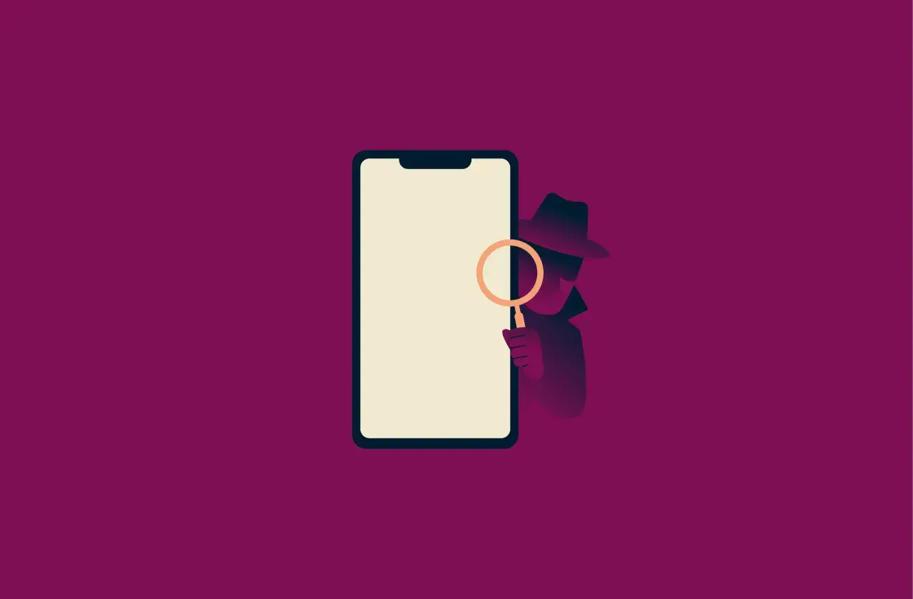 Detektyw w kapeluszu z lupą bada ekran telefonu, sugerując podsłuch w telefonie.