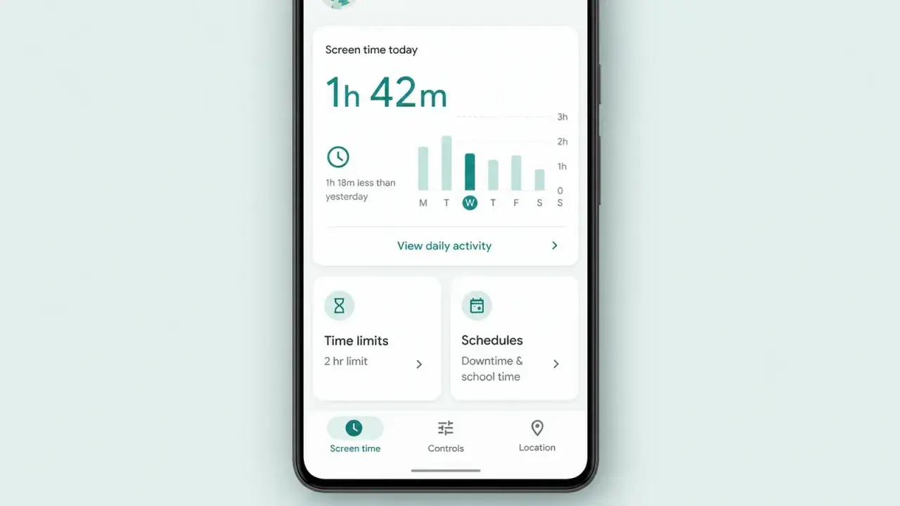 Ekran telefonu z podsumowaniem czasu ekranowego i opcjami kontroli rodzicielskiej Android: limity czasowe, harmonogramy.