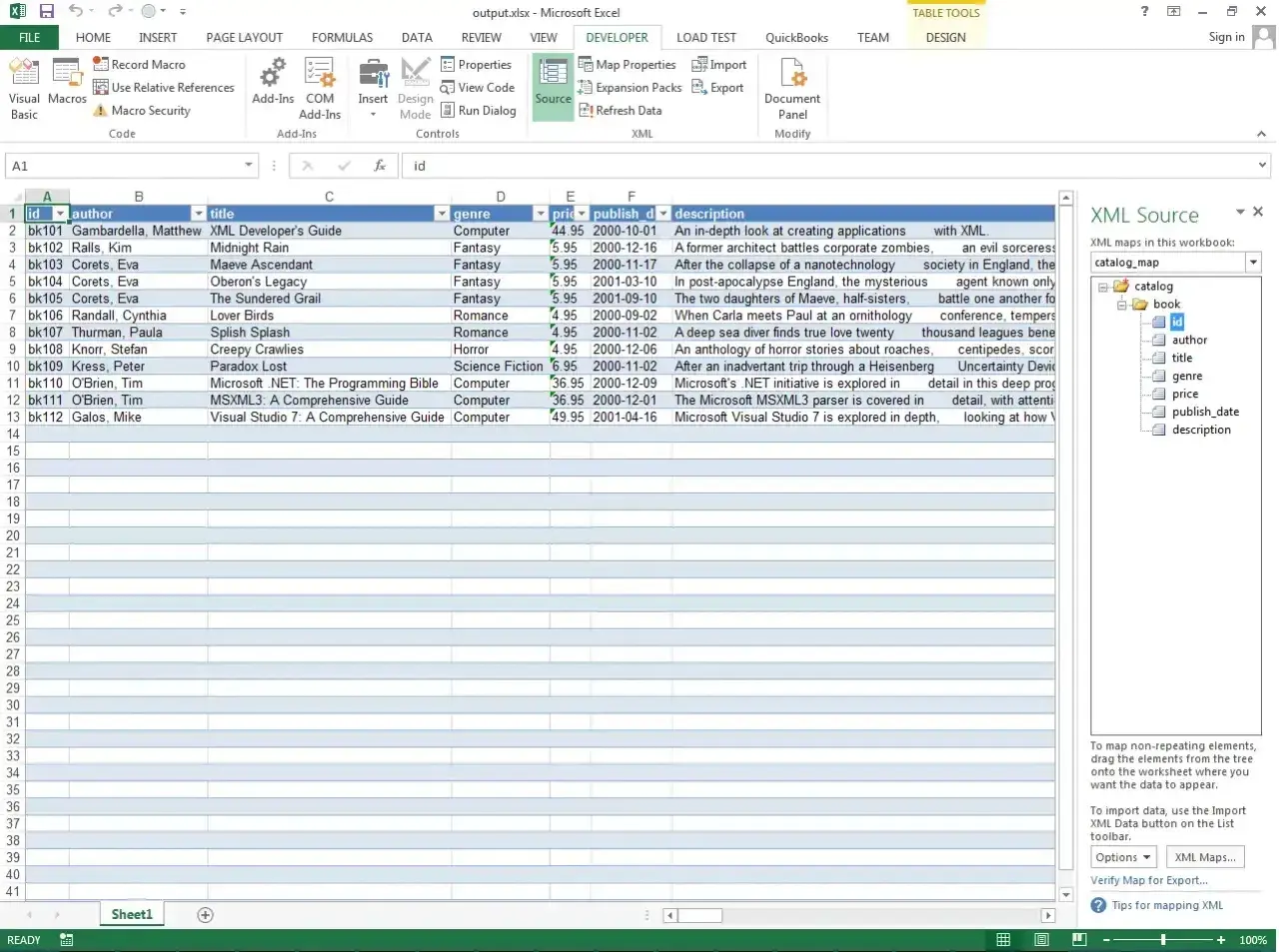 Arkusz kalkulacyjny z danymi książek, obok panel XML Source, pokazujący strukturę pliku XML.