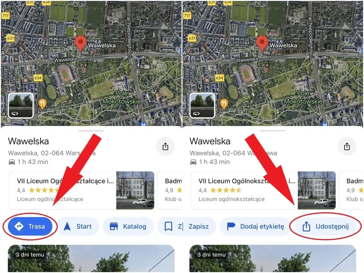 Czerwona pinezka na mapie Google wskazuje lokalizację Wawelska. Obok przycisk "Trasa" i "Udostępnij".