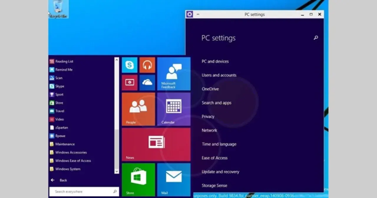 Ekran startowy Windows 9 z kafelkami aplikacji i menu ustawień PC.