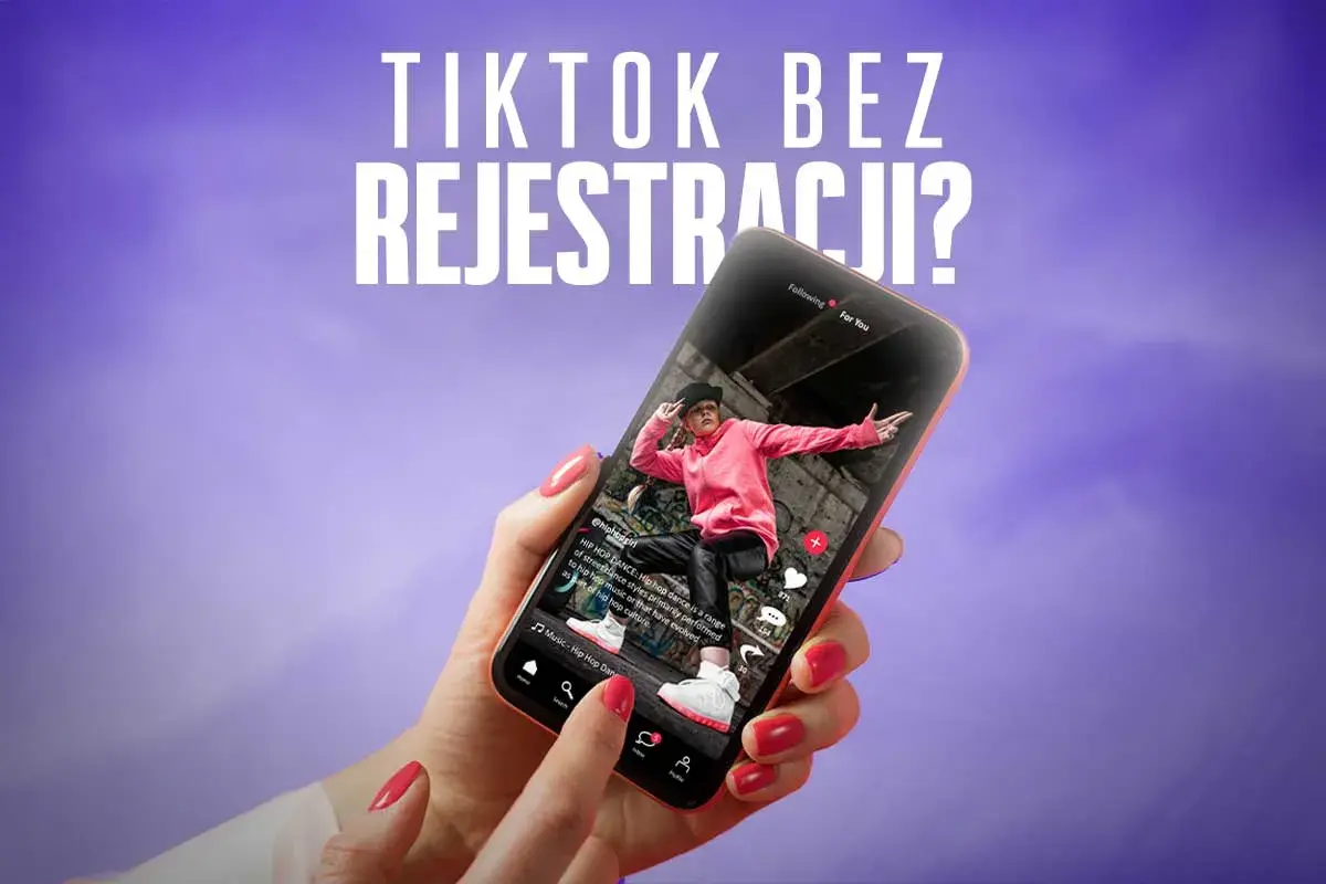 Dłoń trzyma smartfon z otwartym TikTokiem, pokazującym taniec hip-hop. Możliwy **tiktok za darmo bez instalowania**?