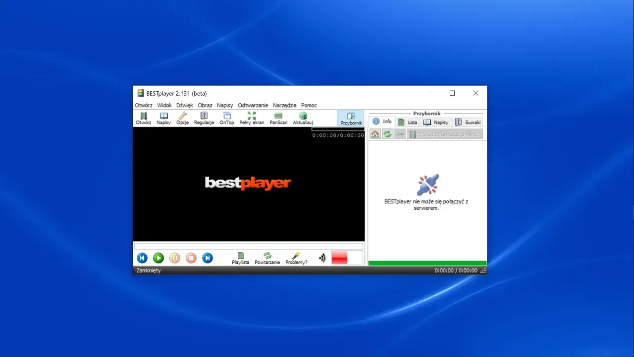 Ekran odtwarzacza BESTplayer z logo i komunikatem o braku połączenia z serwerem.