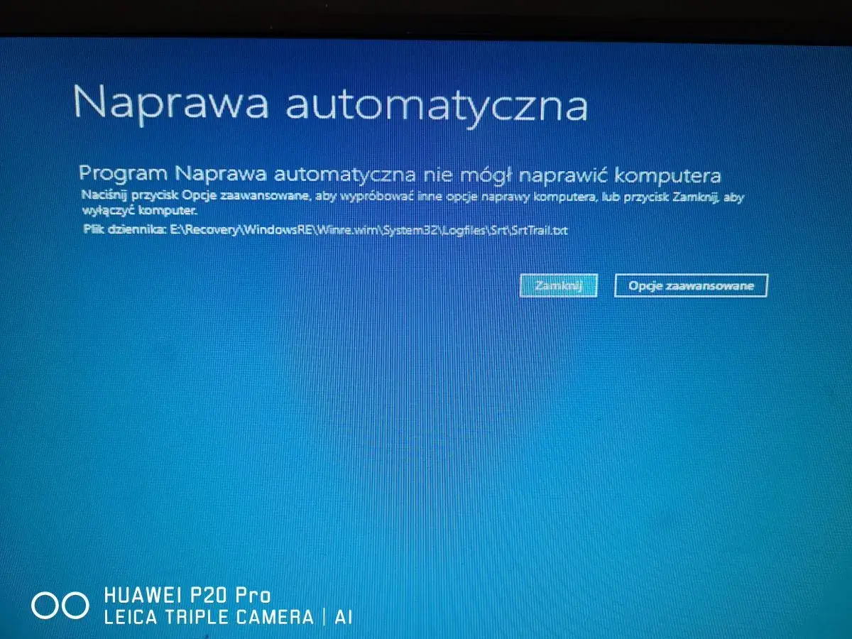 Ekran błędu "Naprawa automatyczna" w Windows 10. Program nie mógł naprawić komputera, sugeruje opcje zaawansowane lub zamknięcie.