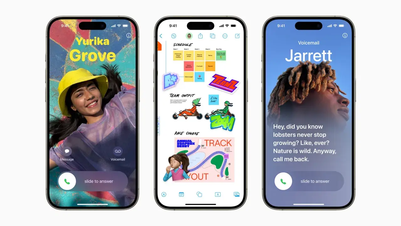 Trzy ekrany iPhone'a z iOS 17: kontakt Yurika Grove, notatki z harmonogramem i strój drużynowy, oraz poczta głosowa od Jarretta.