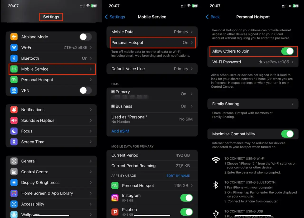 Ustawienia iPhone'a: Personal Hotspot włączony, umożliwia udostępnianie internetu.