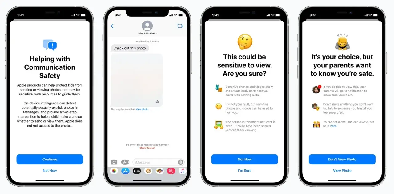 Ekran iPhone'a z funkcją kontroli rodzicielskiej. Wykrywa wrażliwe treści, chroniąc dzieci.