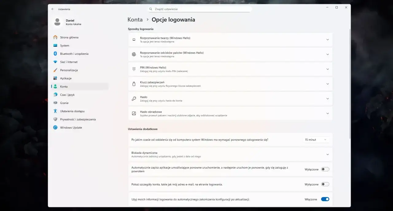 Opcje logowania Windows: PIN (Windows Hello) jest zalecany. Dostępne są też rozpoznawanie twarzy i odcisków palców.
