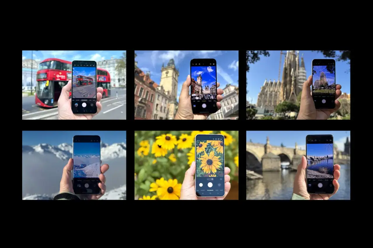 Różne ujęcia uchwycone za pomocą telefonów z dobrym aparatem: Londyn, Praga, Barcelona, góry, słoneczniki i most Karola.
