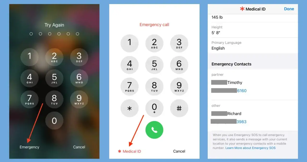 Ekran blokady telefonu pokazuje, jak odblokować telefon przez połączenie alarmowe, naciskając 