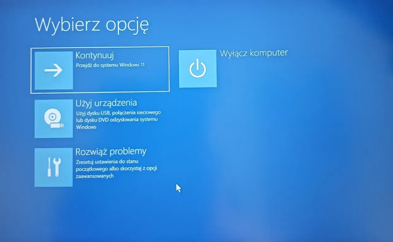Ekran wyboru opcji w Windows 11. Możliwe jest kontynuowanie, użycie urządzenia do odzyskiwania lub rozwiązanie problemów, co może pomóc w przywracaniu systemu Windows 11.