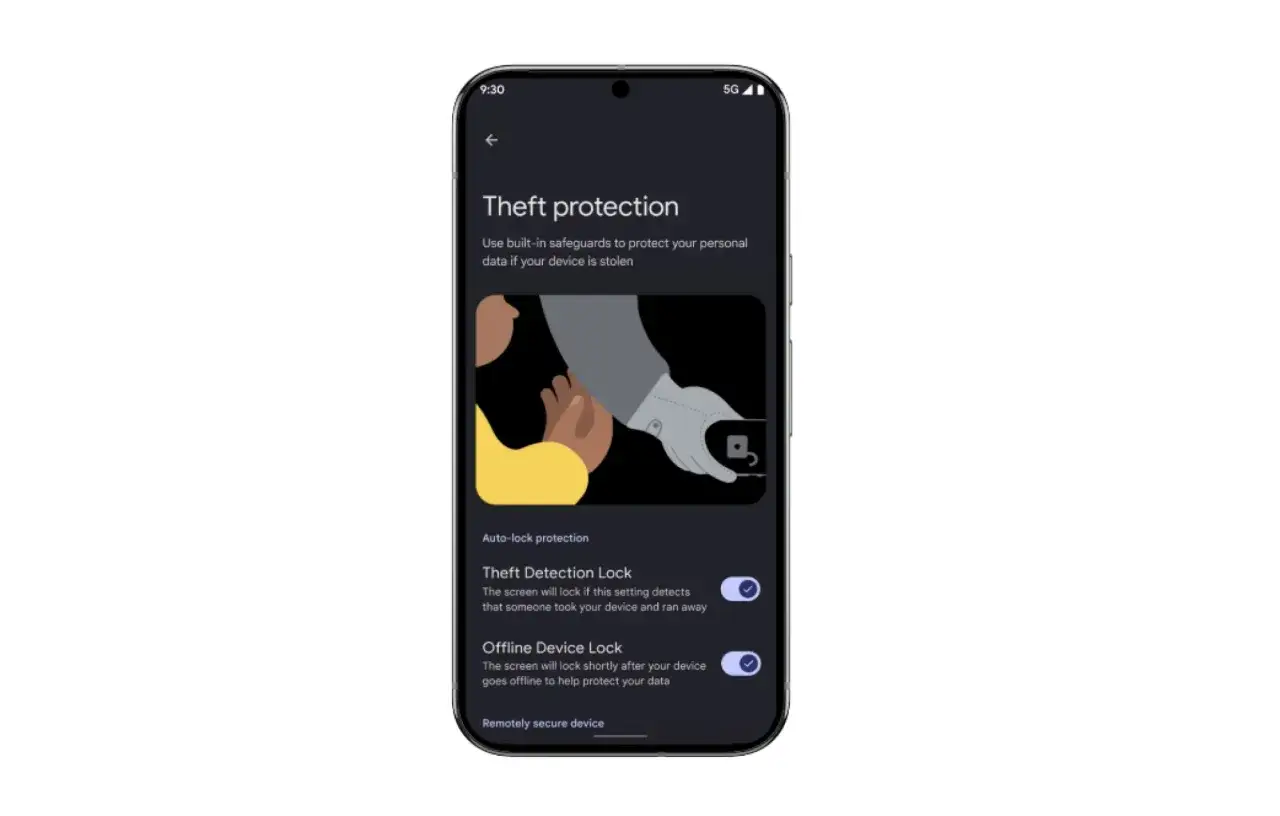 Ochrona przed kradzieżą w android 15: blokada wykrywania kradzieży i blokada offline chronią dane.