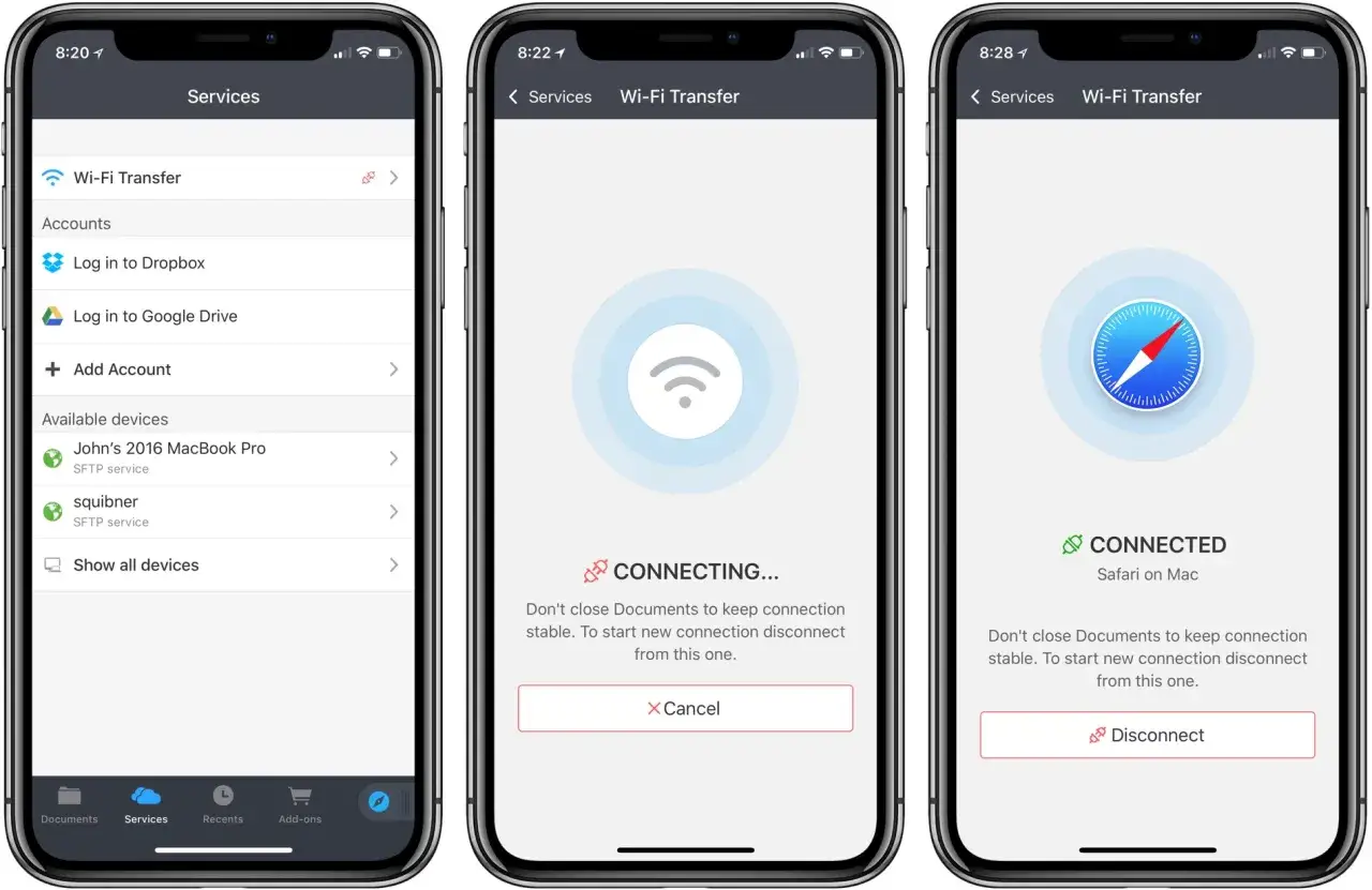 Ekran telefonu pokazuje proces nawiązywania połączenia Wi-Fi Transfer, podobnego do airdrop, a następnie status połączony z Safari na Macu.