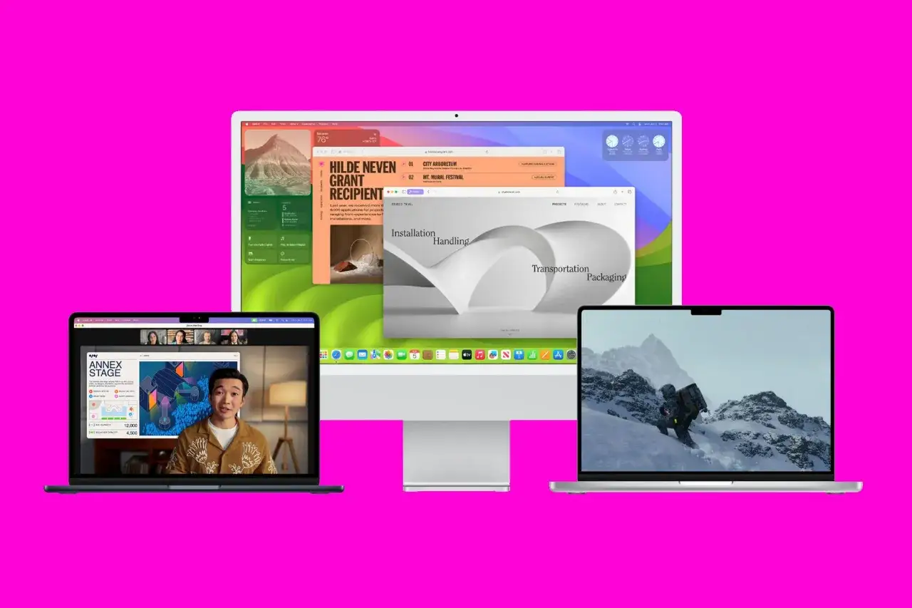 Trzy ekrany Apple: iMac z widokiem na góry Sonoma, MacBook z prezentacją Zoom i MacBook z zimowym krajobrazem.