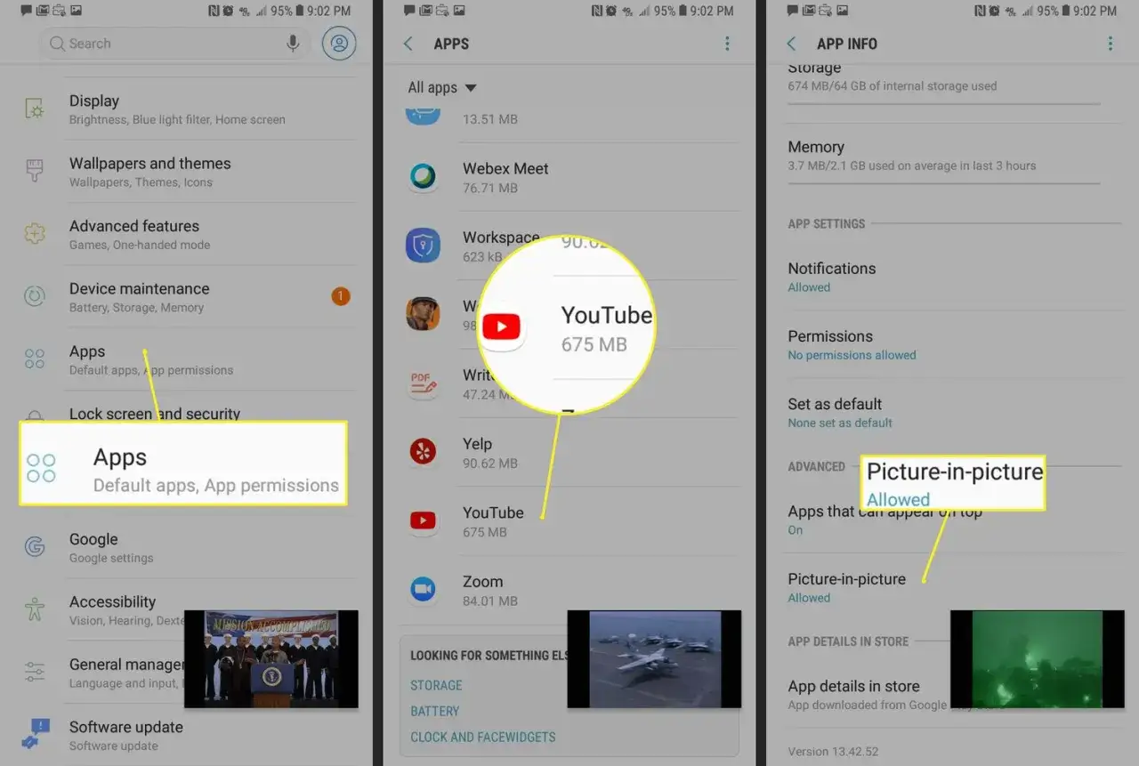 Ustawienia aplikacji YouTube, gdzie w tle widać inne aplikacje. Pozwala to na włączenie funkcji 