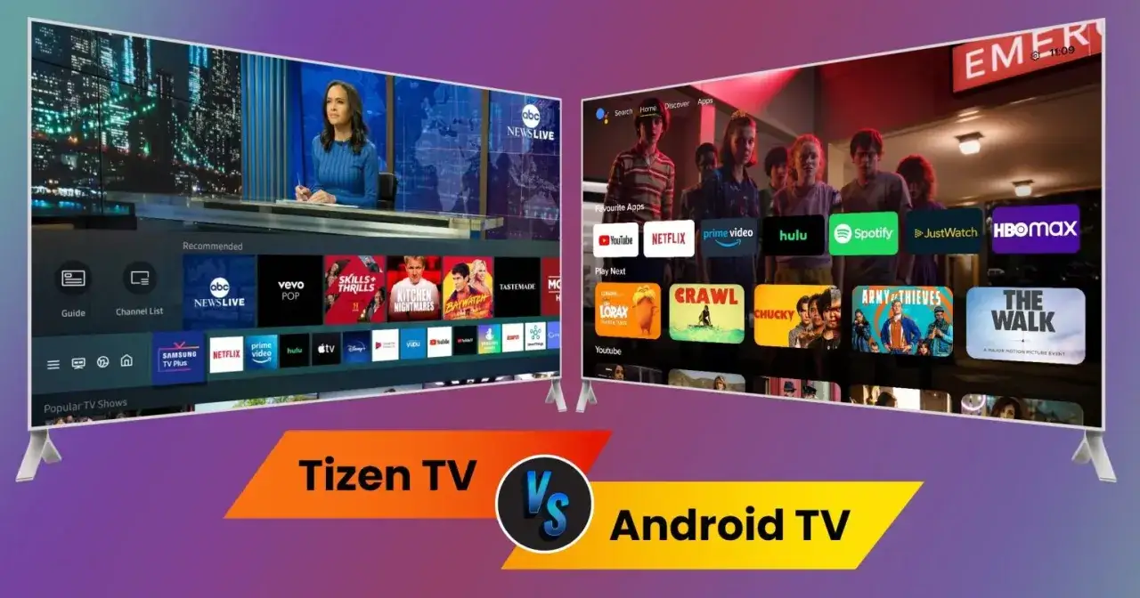 Porównanie interfejsów Tizen TV i Android TV. Na ekranie Tizen widać wiadomości i aplikacje, a na Android TV popularne seriale i filmy.