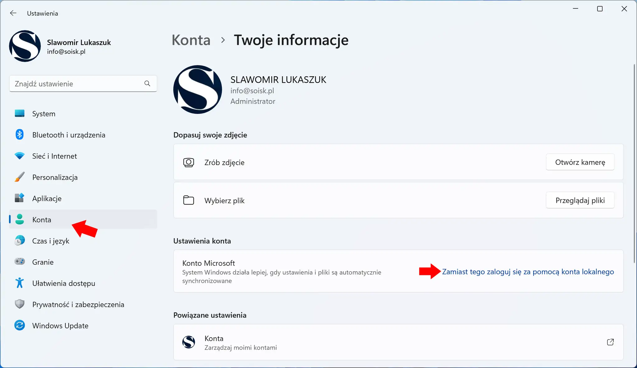 Ustawienia konta w Windows 11. Możliwość logowania się za pomocą konta lokalnego zamiast konta Microsoft.