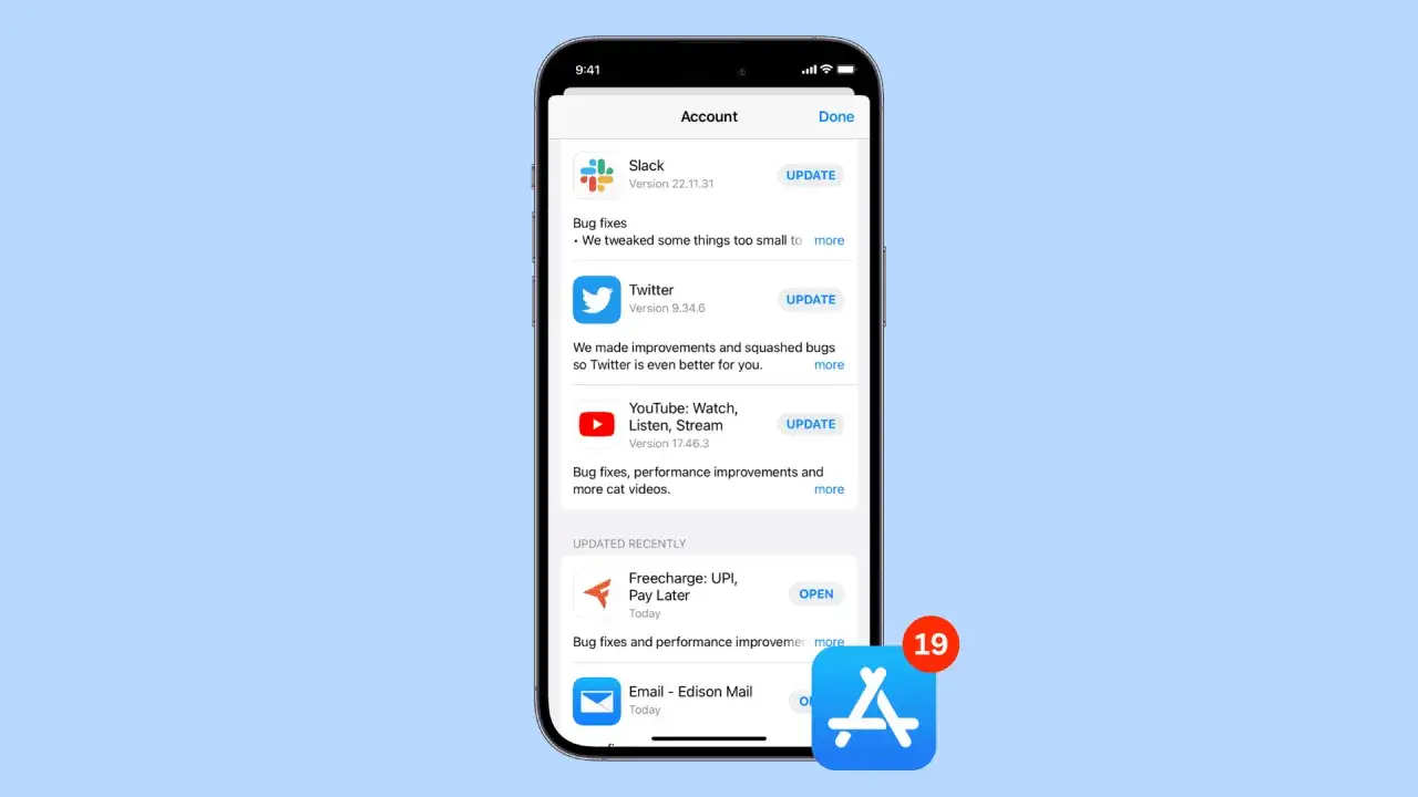 Ekran telefonu pokazuje listę aplikacji do aktualizacji, w tym Slack, Twitter i YouTube. Dowiedz się, jak zaktualizować aplikacje, aby cieszyć się nowymi funkcjami.
