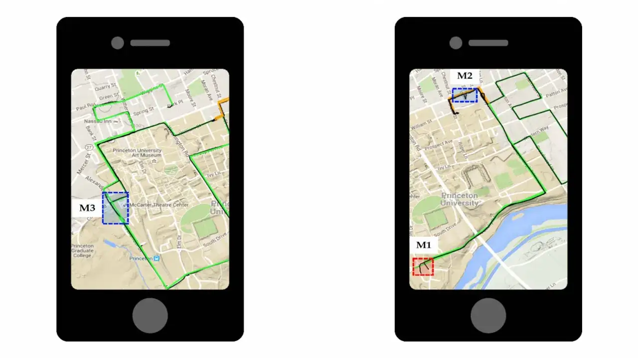 Dwa ekrany smartfonów pokazują mapy z zaznaczonymi trasami. Widoczna jest lokalizacja telefonu po numerze, z zaznaczonymi obszarami M1, M2 i M3.