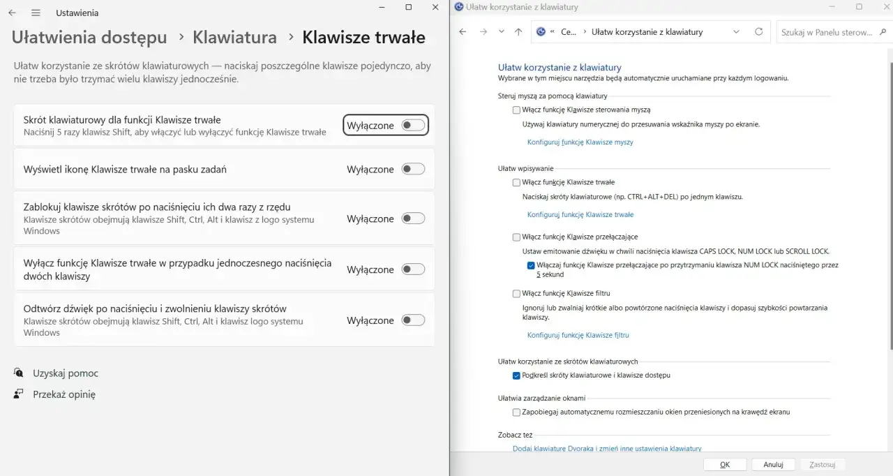 Ustawienia ułatwień dostępu: jak wyłączyć klawisze trwałe. Można to zrobić, naciskając 5 razy klawisz Shift lub konfigurując inne opcje.