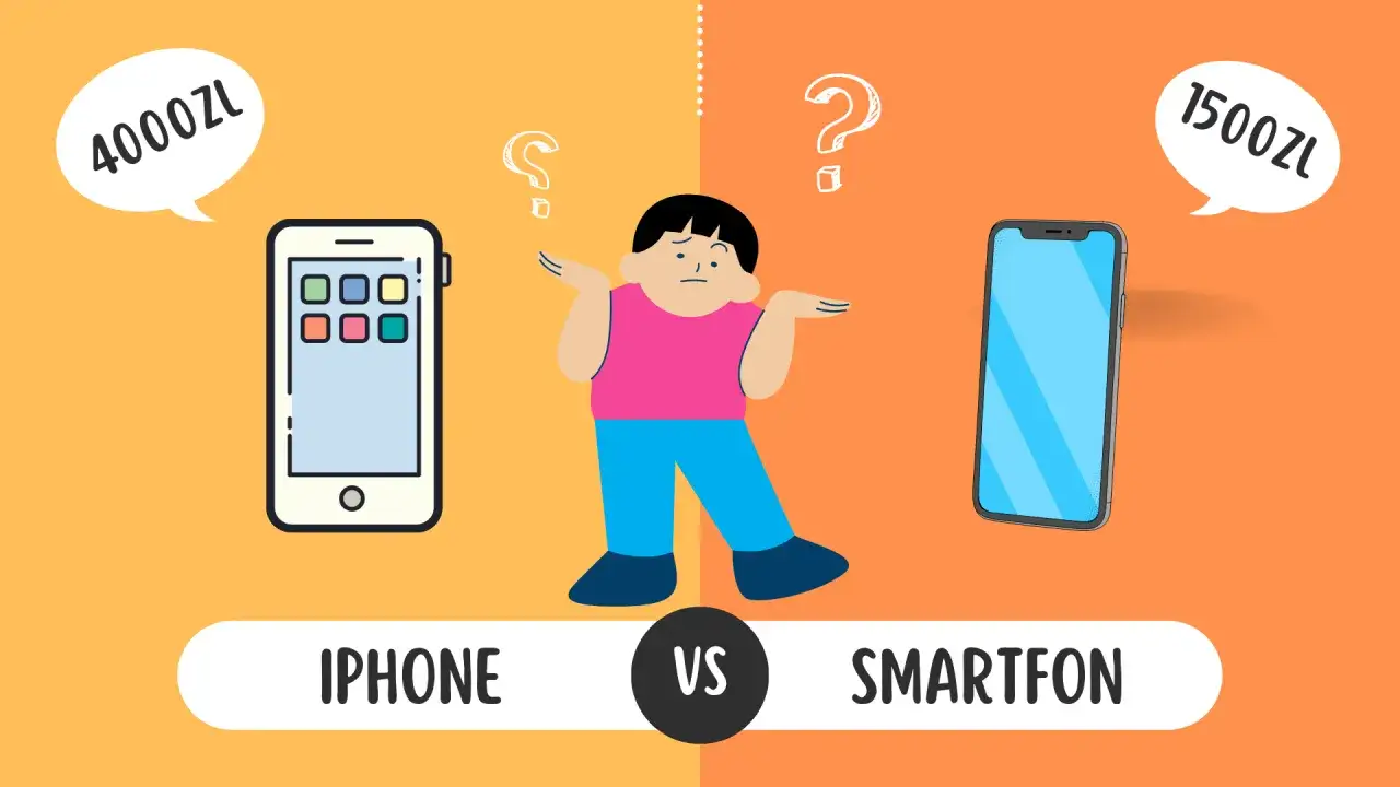 Chłopak zastanawia się, co to za telefon: iPhone za 4000 zł czy smartfon za 1500 zł?