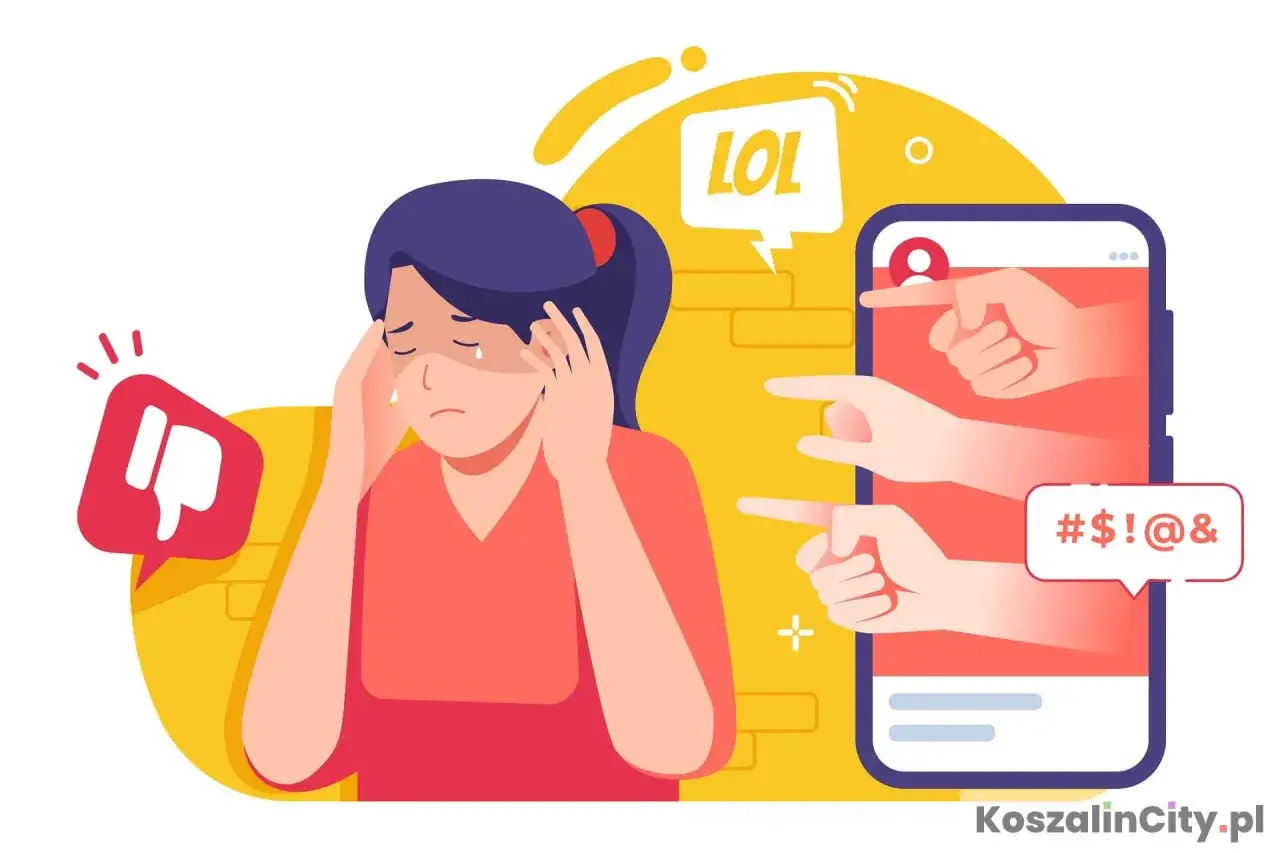 Smutna dziewczyna zakrywa uszy przed hejtem w internecie. Na ekranie telefonu palce wskazują ją, a w dymkach pojawiają się 