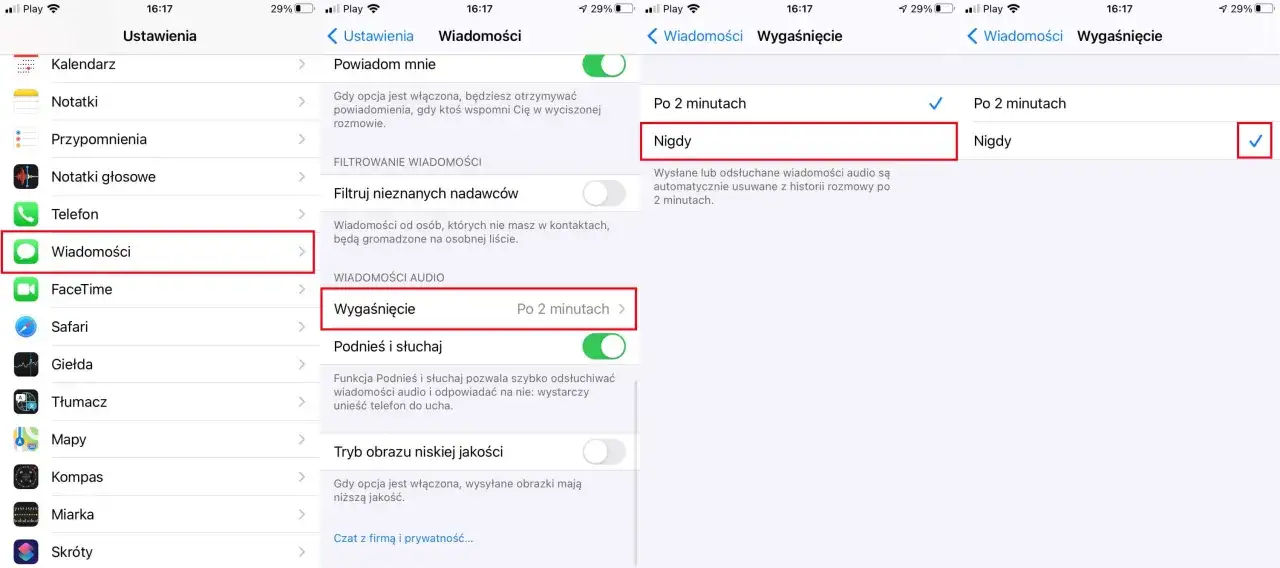 Ustawienia Wiadomości: Wygaśnięcie wiadomości audio ustawione na