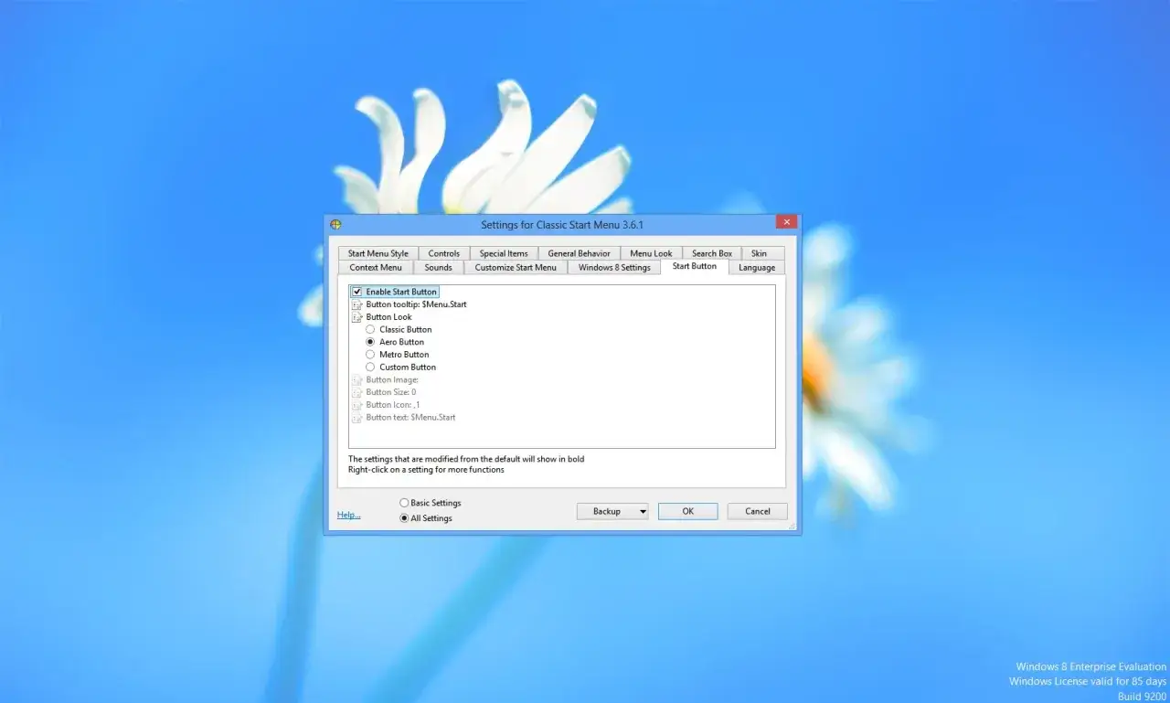 Ustawienia Classic Start Menu dla Windows 7, z opcją wyboru wyglądu przycisku Start.