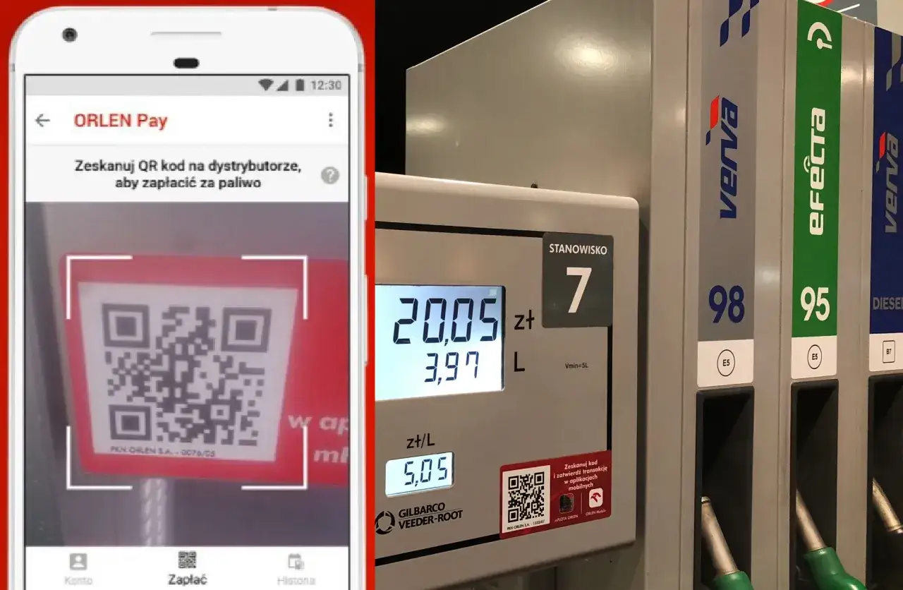 Aplikacja ORLEN Pay pokazuje kod QR do zeskanowania na dystrybutorze paliwa. Obok widoczny jest dystrybutor z wyświetloną ceną i ilością paliwa.