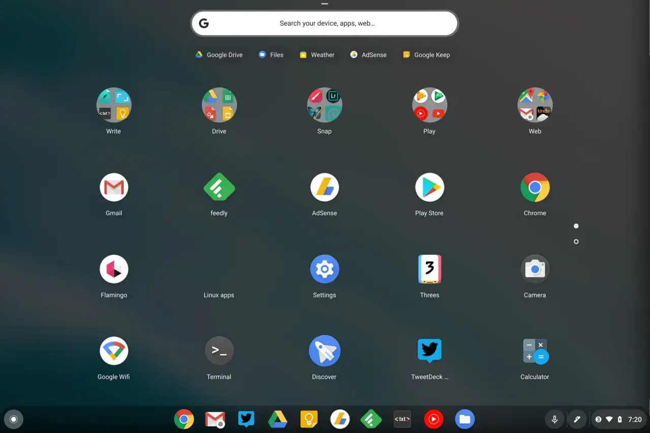 Ekran startowy systemu Chrome OS z ikonami aplikacji: Gmail, Drive, Play Store, Chrome, Terminal i innymi.