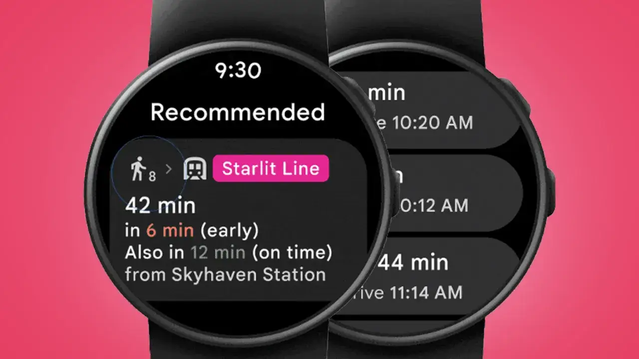 Zegarek z Wear OS pokazuje rekomendowane połączenie: 42 minuty, w tym 6 min (wcześnie) do Starlit Line.