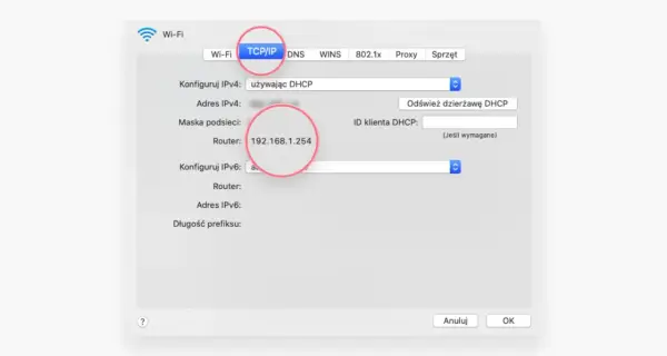 Ustawienia sieciowe TCP/IP, gdzie widoczny jest adres ip routera 192.168.1.254.