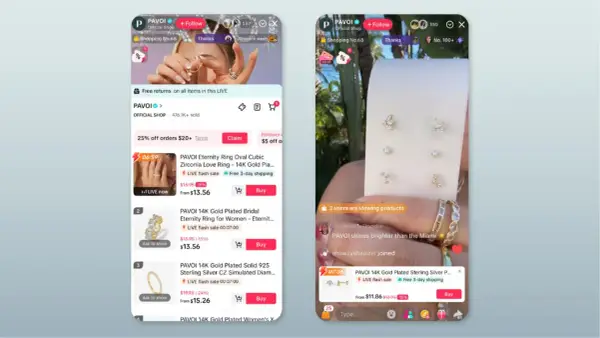 Jak zrobić live na TikToku? Zobacz, jak sprzedawcy prezentują biżuterię, oferując promocje i szybką wysyłkę.